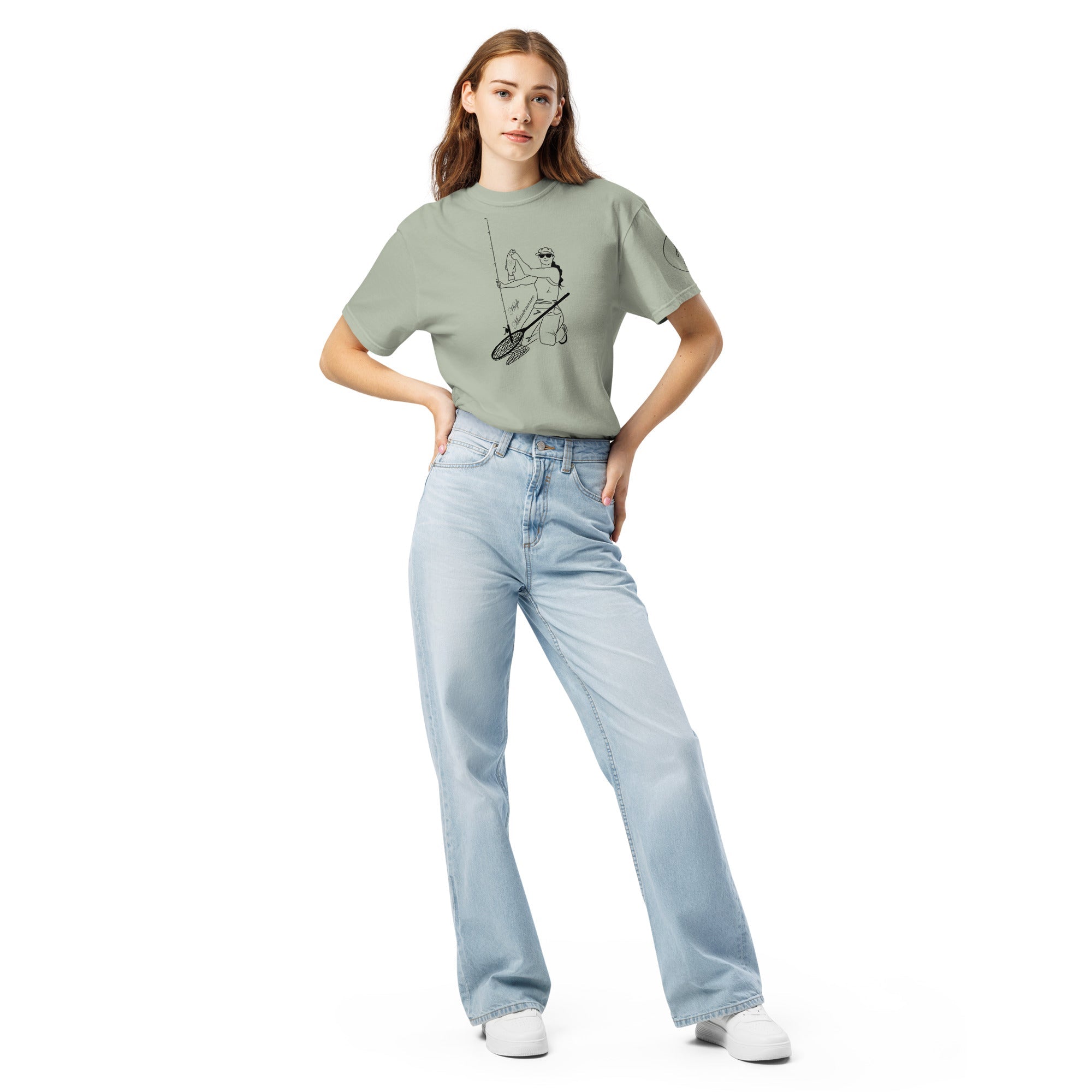 Vintage-inspired graphic of a woman landing a fish, highlighting high-maintenance standards for gear and quiet spaces.