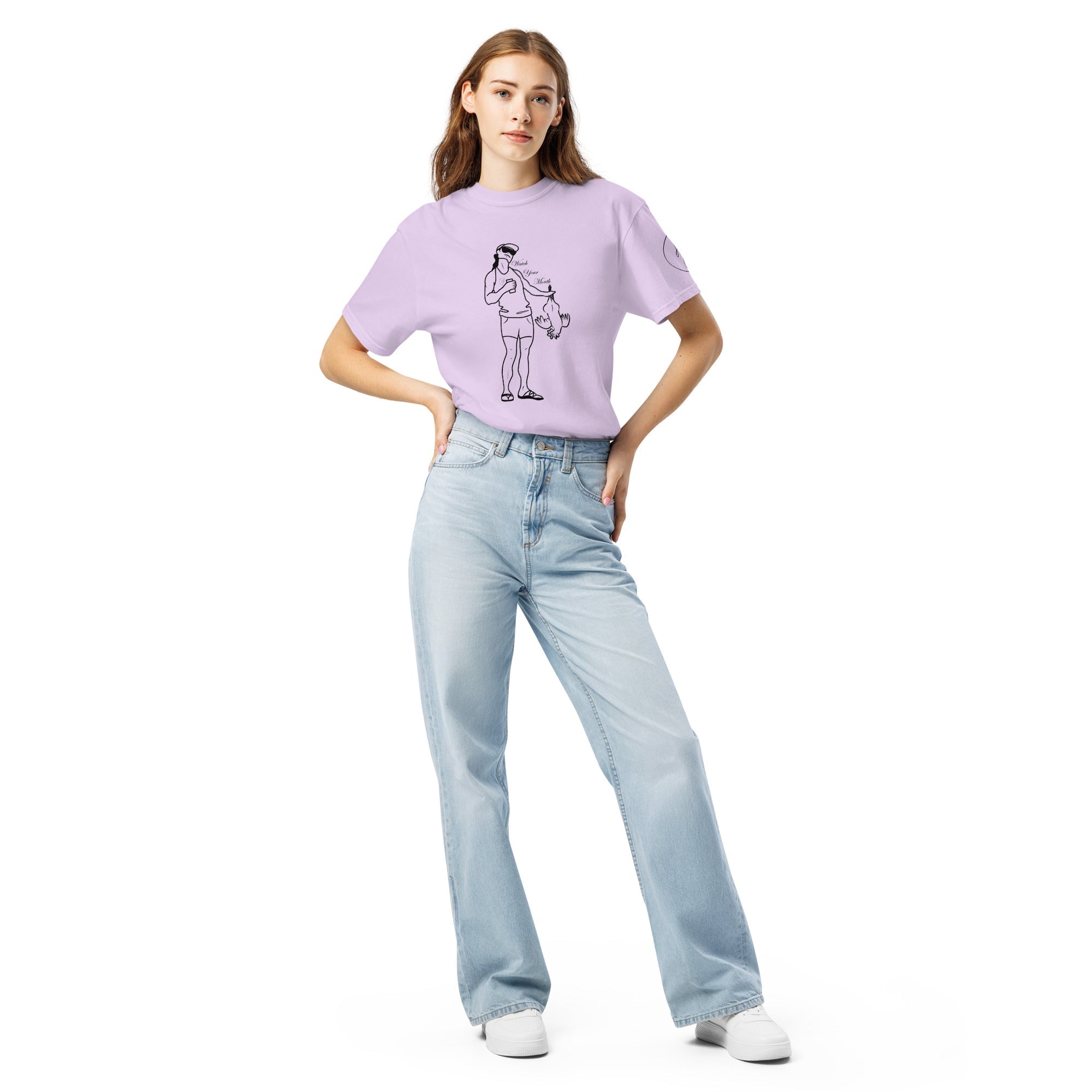 Deadpan line drawing of a woman holding a loud rooster upside down by its legs with an unbothered, flawless face.